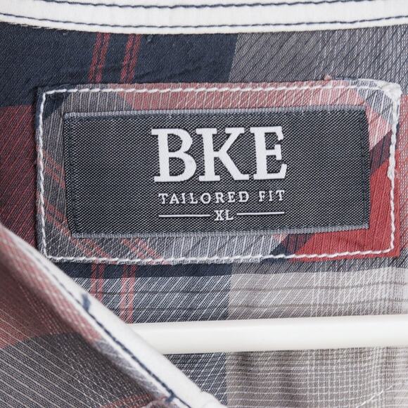 BKE Western Shirt Mens XL Tailored Fit Red Gray Plaid Contrast Stitch Pearl Snap - Picture 3 of 11